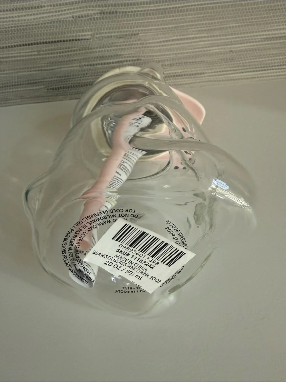 Starbucks Bearista Glass Pink AUTHENTIC Drink Bear Cup w/ Strawberry Straw 20 oz